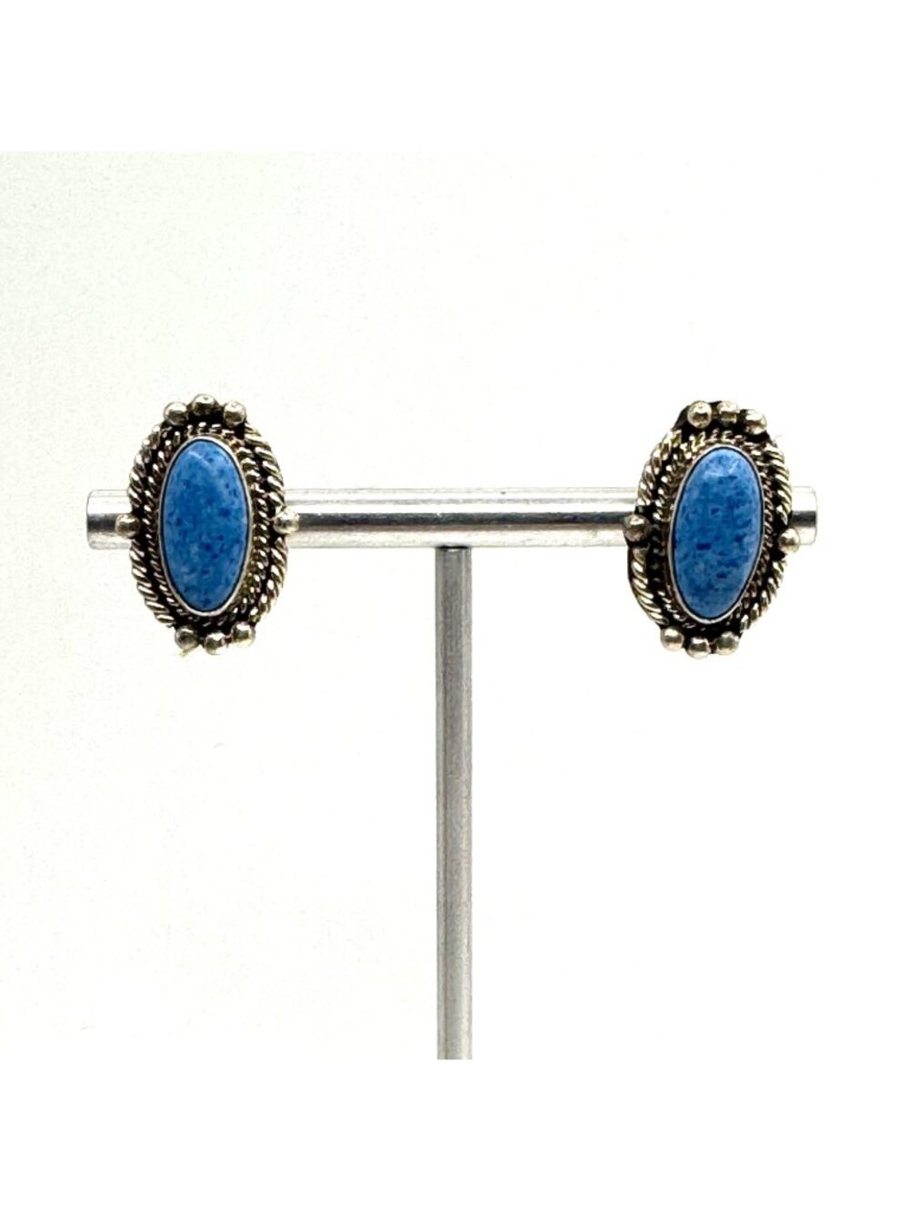 VTG Sterling Silver 925 Denim Lapis Lazuli Bezel Set Clip On Earrings Size 0.75"